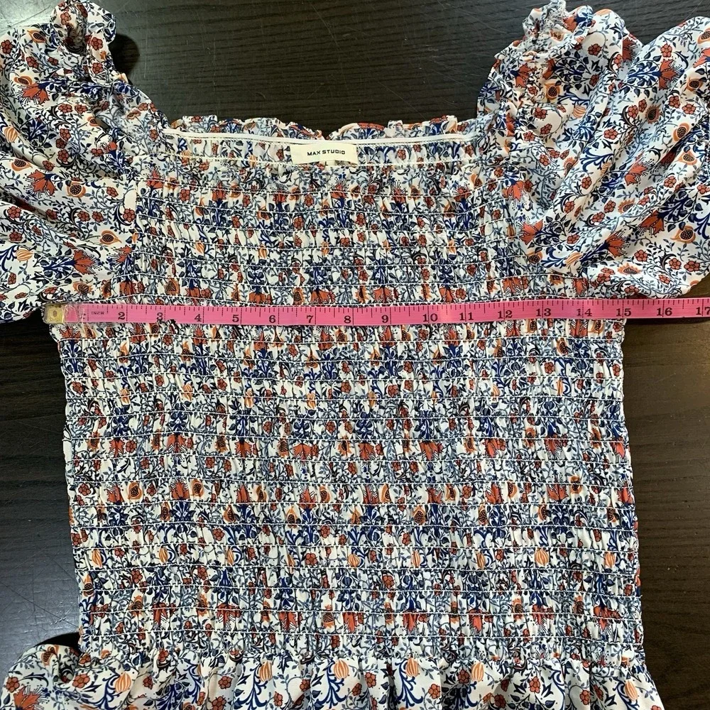 Max‎ Studio Prairie Dress Floral Puff Sleeve Square Neck Smocked A-Line Large